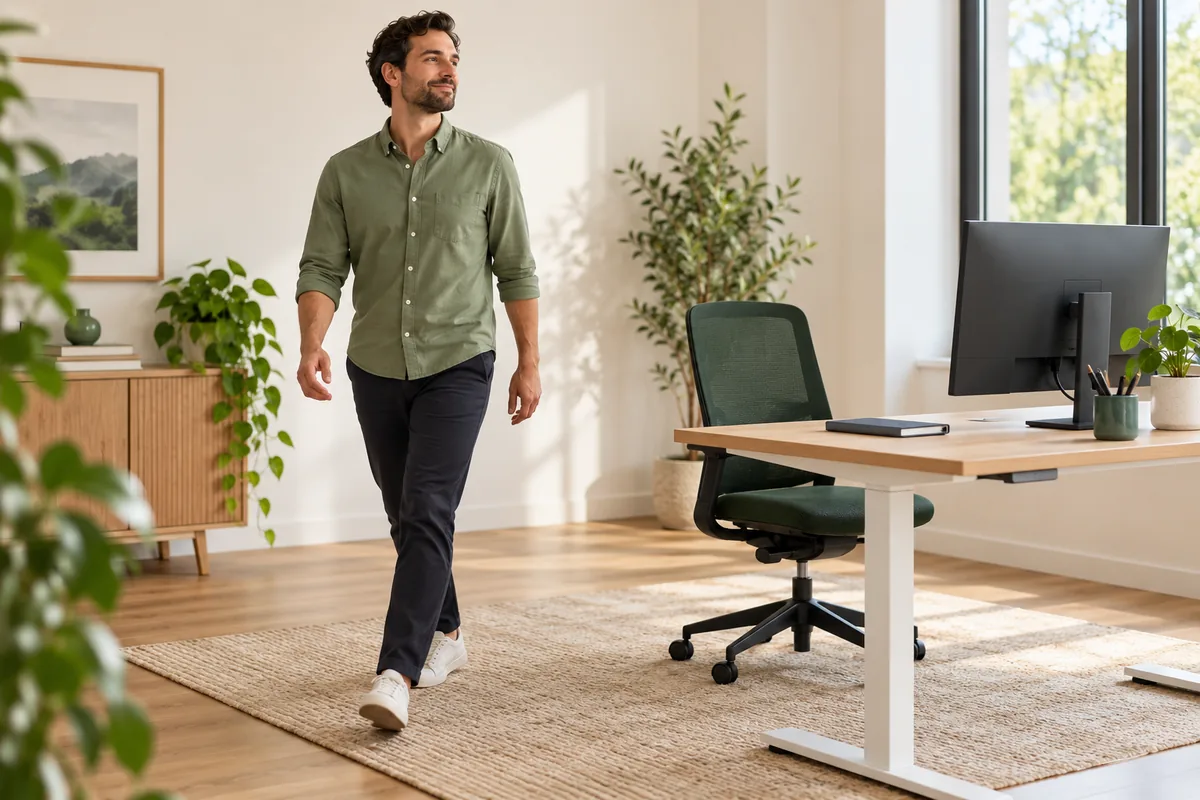 Imagem ilustrativa de uma pessoa em uma pausa de movimento ao lado da mesa de trabalho