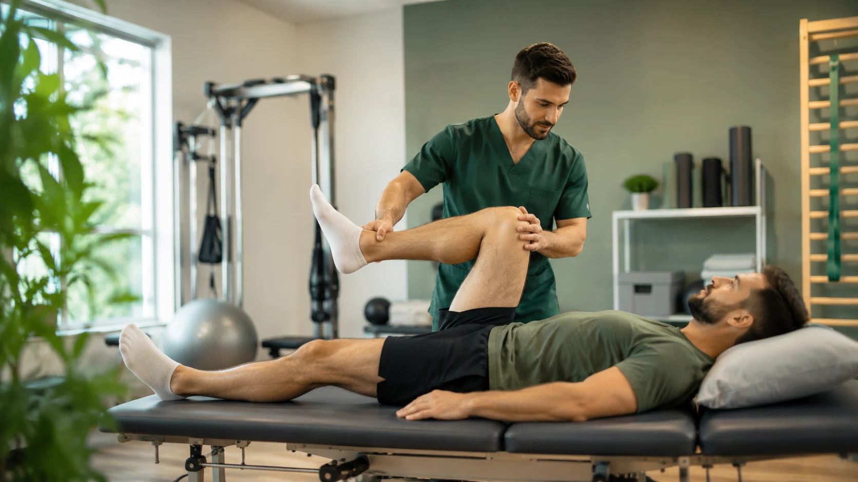 Sessão de fisioterapia em ambiente clínico